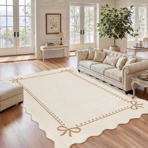 Garvee Scalloped Bow Rug for Living Room Washable Solid Beige 8x10 Area Rug