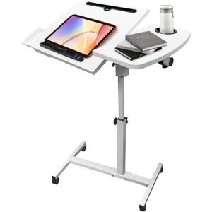 Overbed Table with Wheels Adjustable Height, Tiltable Desktop with Tray, Over Bed Table Rolling Bedside Tables, Medical Mobile Standing Desk, for Hospital Office Bedroom Sofa, White