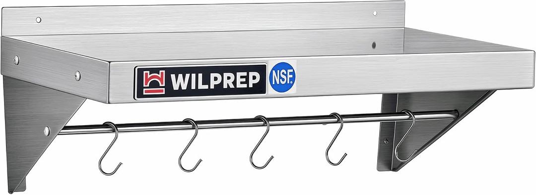 Wilprep NSF Stainless Steel Wall Mount Shelf, 12 x 24 Inch Commercial Kitchen Shelf with 10 Hooks & Brackets, 220lb Heavy Duty Metal Hanging Storage for Restaurant, Laundry Room & Garage