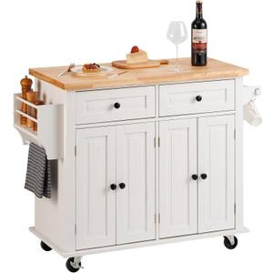 VEVOR Kitchen Island Cart with Solid Wood Top, 35.4" Width Mobile Carts with Storage Cabinet, Rolling Kitchen Table with Spice Rack, Towel Rack, and Drawer, Portable Islands on Wheels, White