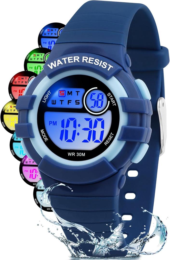 Juboos Kid's Digital Watch for Boys and Girls, Waterproof LCD Digital Sports Kids Watch with 7 Color LED Lights, Stopwatch, Alarm (Dark blue)