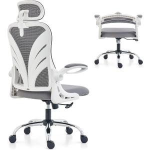 Ergonomic Office Chair with Foldable Backrest, Computer Desk Chair with Flip-up Armrests, Mesh Lumbar Support and 2D Headrest Big and Tall Office Chair, White