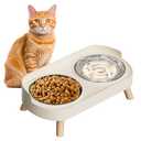 Elevated Cat Bowl, Raised Cat Food and Water Bowl Set for Indoor Cats, Splash Proof with 2 Stainless Steel Pet Food Bowls for Cats and Puppies, Whisker Fatigue and Dishwasher Safe - White