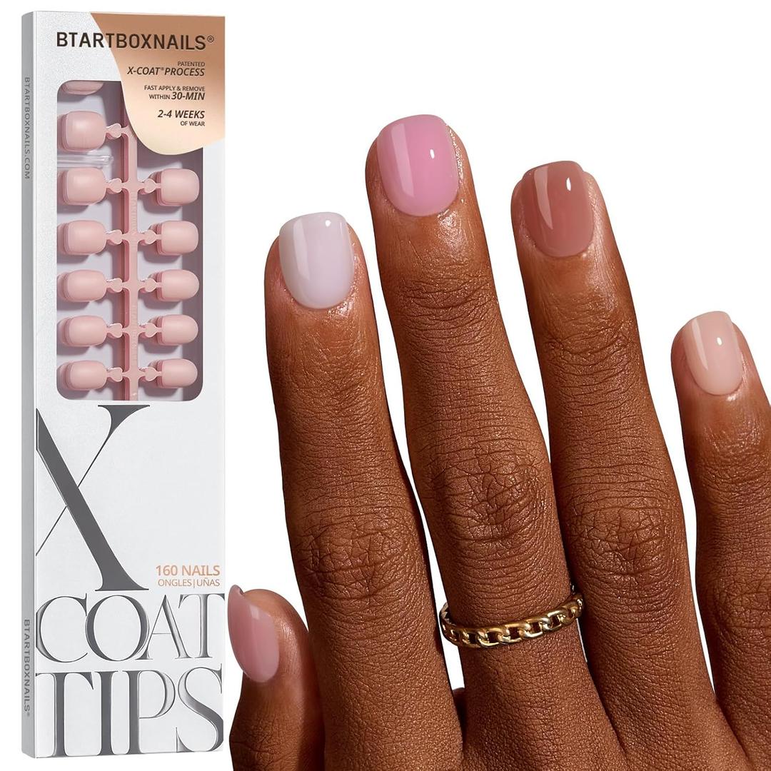 BTArtboxnails XCOATTIPS Bare 5-Shades Nude Press on Nails - 4-Week Wear XXS Short Squoval Press on Nails, Easy Apply, Soak Off, Salon Quality Value at Home, 16 Sizes - 160 Fake Nails