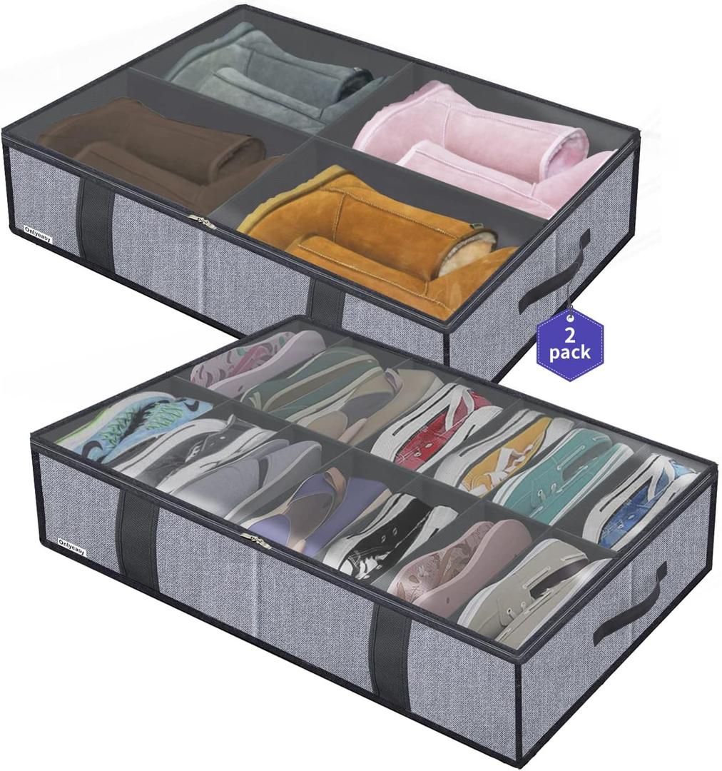 Onlyeasy Under Bed Shoe Storage Organizers for Kids and Adults Fit 14 Pairs of Shoes & 4 Pairs of Boots, Sturdy Under bed Organizer with 2 Strong Zippers and 4 Handles, Linen-like Grey, MXDUBS14S4