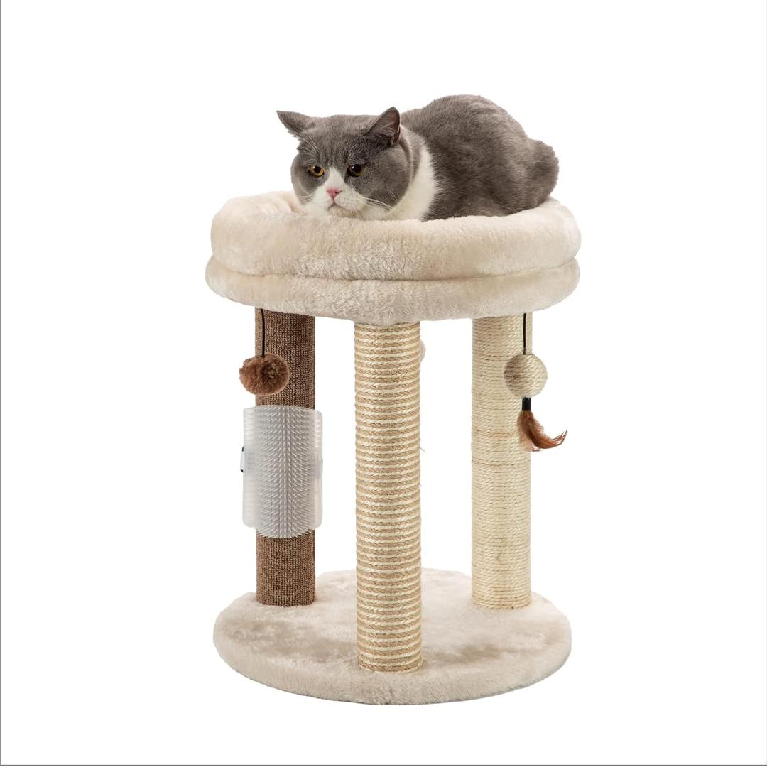 MECOOL 4in1 Small Cat Tree,Scratching Post with Tower Soft Bed, Sisal Carpet Jute Posts with Three Hanging Ball Toys and Massage Brush for Indoor Cats and Kittens (Beige)
