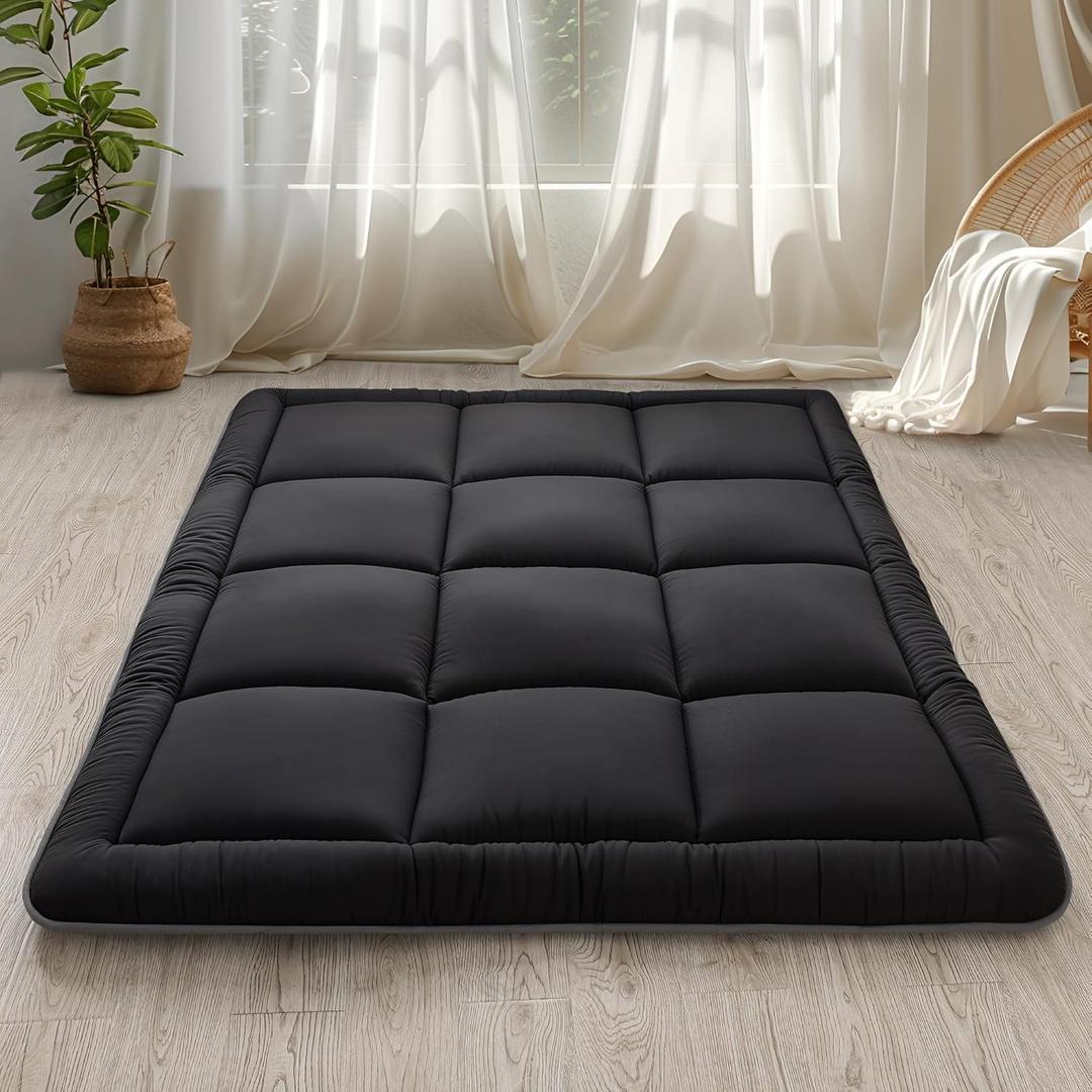 WhatsBedding Japanese Floor Mattress Futon Mattress 3" Black Tatami Mat Shredded Memory Foam Filled Sleeping Pad, Foldable & Portable Roll Up Lounger Camping Bed for Kids and Adult,Queen Size 60"x 80"