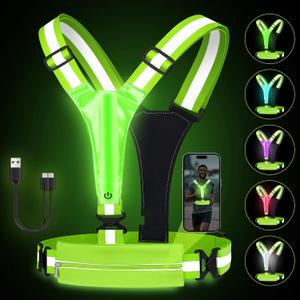 LED Reflective Running Vest with Phone Holder, Rechargeable 5 Colors Light Up Running Lights for Runners High Visibility Night Safety Gear, Adjustable for Men Women (Green)