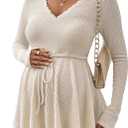 Women's Waffle Knit Belted Maternity Tee Tops Ruffle Hem Long Sleeve V Neck Lace T Shirts (Large, Khaki)