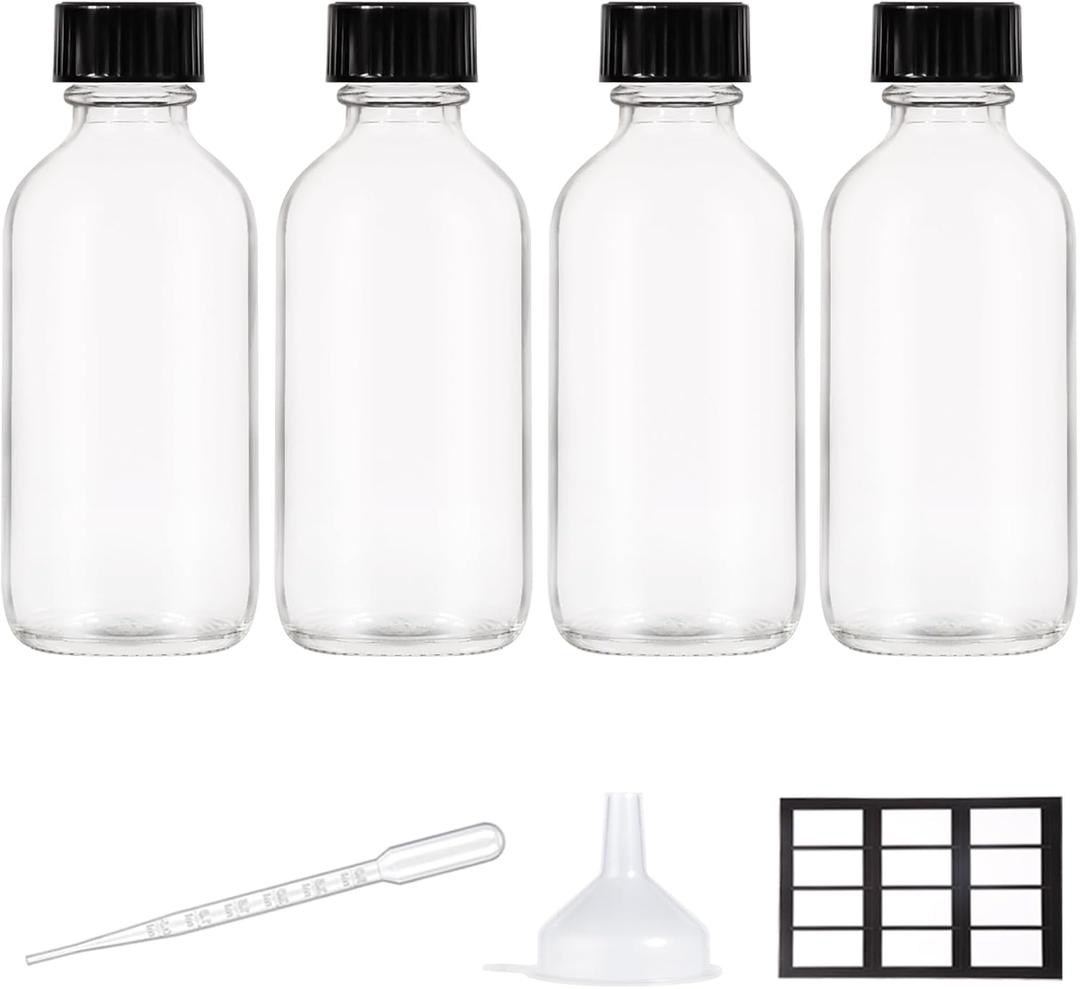 4 Pack, 2 oz Small Clear Glass Bottles with Lid and Funnels - 60ml Boston Shot Bottles With Caps, Immunity, Potion, Wellness, Sample, Ginger, Juice - Mini Personal Care & Beauty Travel Bottle