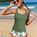 Bathing Suits for Teens 12-14 Tummy Control Girls Tankini Swimsuits for Teens Bathing Suits Halter Swimsuit with Drawstring Printed Shorts Girls 2 Piece Swimsuits Green