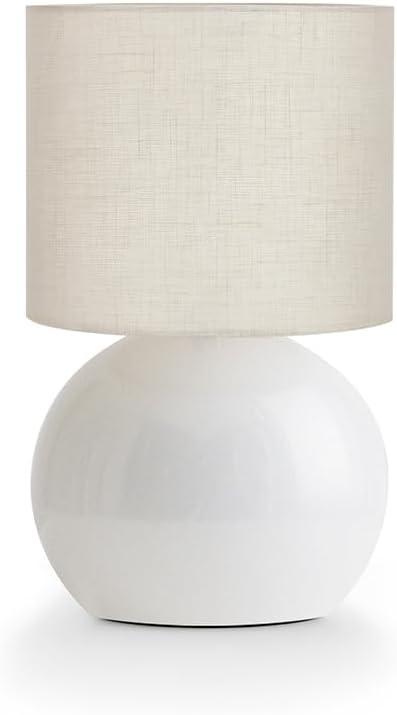 Modern White Small Table Lamp with Cotton Linen Shade, 10.4-inch LED Desk Light, One-Button Switch for Bedroom, Living Room, Nightstand, Includes Warm Light Bulb