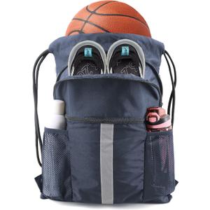 BeeGreen Drawstring Backpack Bag with Shoe Compartment, X-Large Black Gym Sports String Cinch Backpack (Navy)