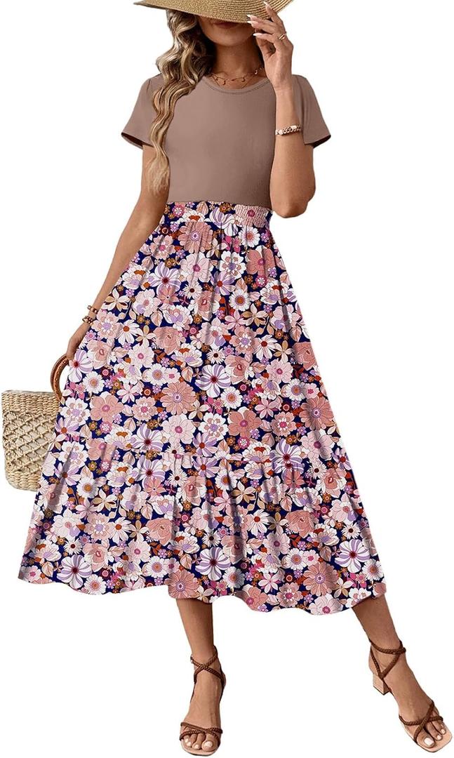Dokotoo Women's Summer 2025 Maxi Dress Ruffle Short Sleeve Casual Floral Print Long Flowy Dresses (XL)