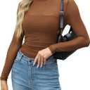 Zeagoo Womens Mesh Sheer Long Sleeve Top Mock Turtle Neck See Though Shirts Ruched Sexy Casual Going Out Blouses (Brown)