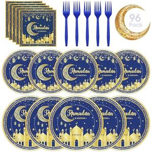 96 Pcs Ramadan Plates and Napkins Forks Sets - Blue Gold Eid Mubarak Themed Round Tableware, Disposable KAREEM Paper Plates Napkins Kit for Ramadan Party Supplies Favors Table Decorations, Serves 24