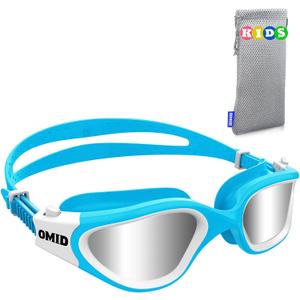 OMID Kids Swim Goggles, P2mini Polarized Swimming Goggles Comfortable for Age 6-14 (B7-mirrored Silver Lens Bluewhite Frame)