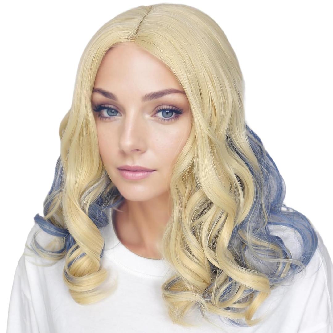 Linfairy Long Blonde with Blue Curly Wig Costume Halloween Party Wigs (Adult)