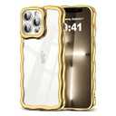 2 x SKYLMW Compatible with iPhone 13 Pro Max Case, Kawaii Cute Curly Wave Frame Luxury Plating Edge, Stylish Glossy Clear Back, Soft TPU Shockproof Protective Cases for iPhone 13 Pro Max, Gold