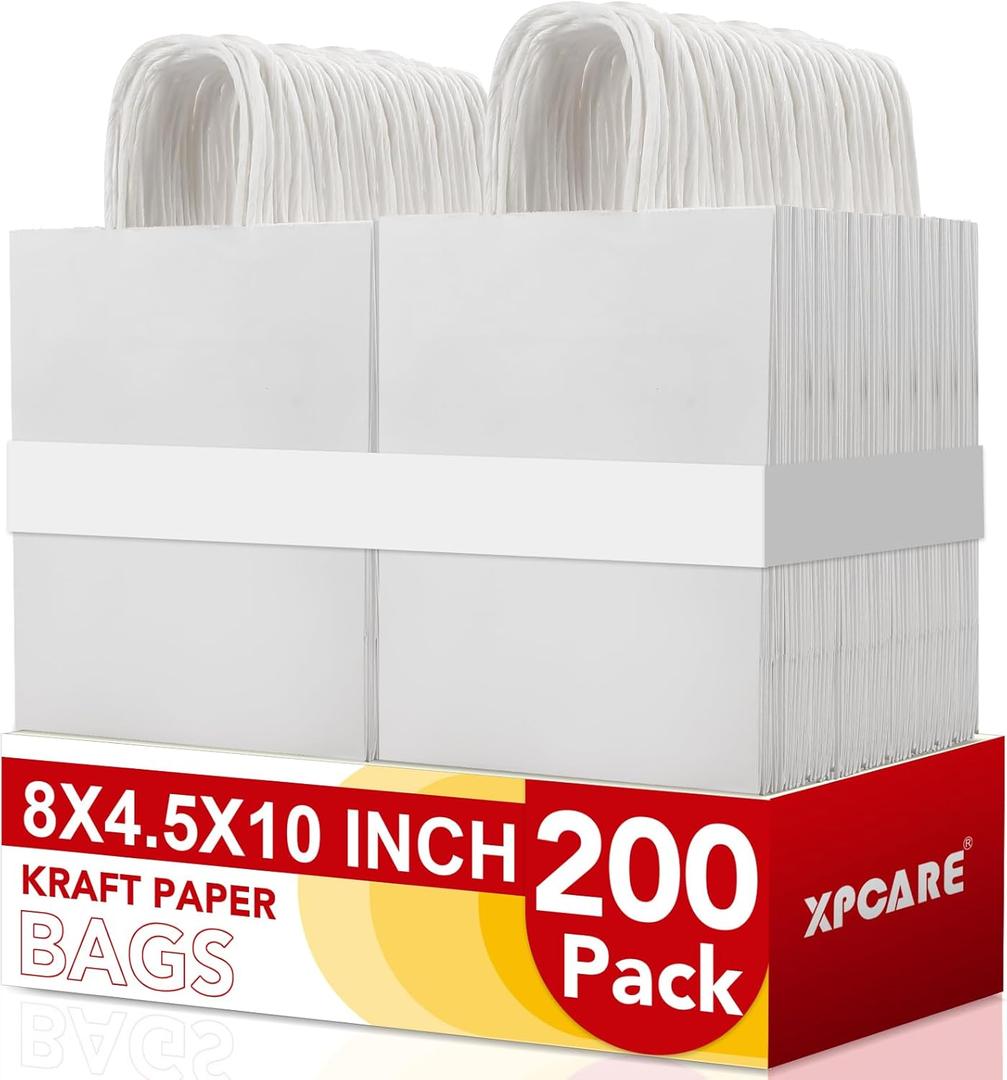 XPCARE 200Pack Paper Bags 8x4.5x10 Inch, Plain Medium Paper Bags with Handles Bulk, Kraft Paper Gift Bag, Retail Bag, Party Bag, Shopping Bag, Favor Bag (White)