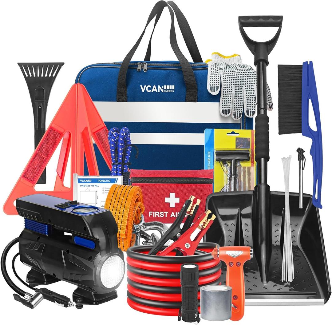 Car Emergency Safety Kit Bag with Digital Air Compressor,Jumper Cables,First Aid Kit, Winter Vehicle Roadside Safety Kit with Detachable Snow Shovel, for Women, Men, Teen