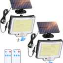 Solar Flood Light with Remote, 3800LM 16.5 FT Cable Outdoor Solar Flood Light, 6500K Dusk to Dawn Light with 3000mAh Battery, IP66 Waterproof Flood Light for Porch Garage 2 Pack