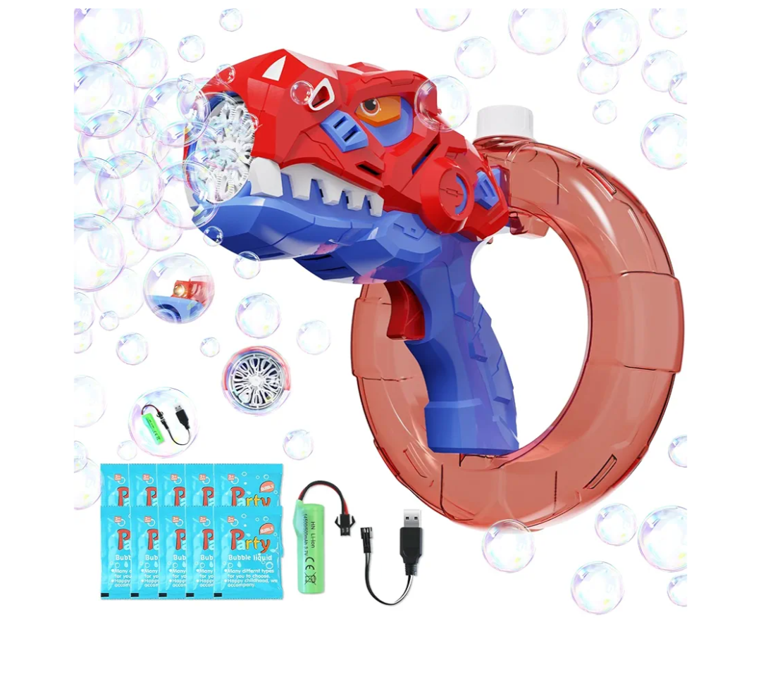 Bubble Gun, Automatic Dino Bubbles Gun with Refill Solution for Toddlers 3-5, Rechargeable Bubble Maker Blower Outdoor Summer Toys for Kids Ages (Red)