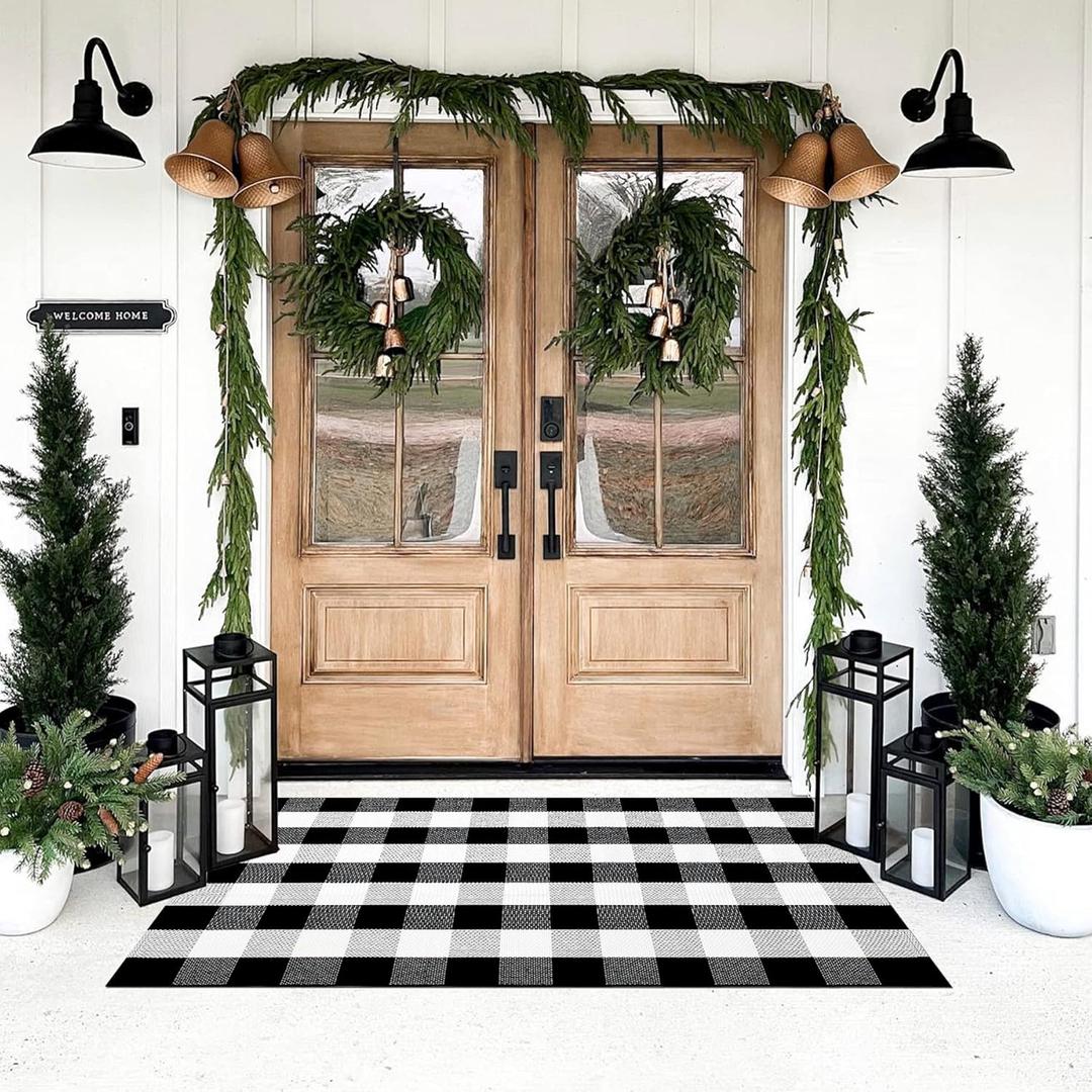 SEEKSEE Cotton Buffalo Plaid Rug 3'x5' Black and White Checked Rug Washable Doormats Indoor Outdoor Rugs for Layered Front Door Mats, Porch, Kitchen, Farmhouse, Entryway