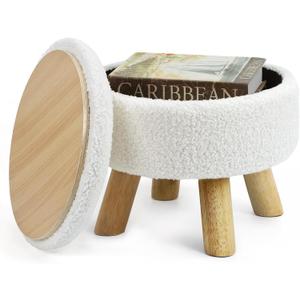 OGEMXU Ottoman Foot Rest, Small Round Ottoman with Storage, Boucle Teddy Velvet Footstool with Wood Legs, Soft Sponge Storage Ottoman for Living Room, Bedroom, Couch, Enterway (Cream)