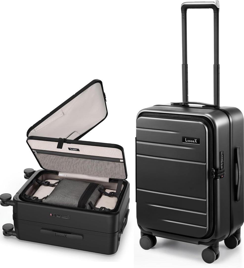 LUGGEX Top Opening & Front Opening Carry On Luggage, Black, 21" | Carry On Suitcase, Aluminum Frame, Trunk Style, 17.5" Laptop Compartment, TSA Approved, 360°Spinner Wheels, FX-Enhance 
