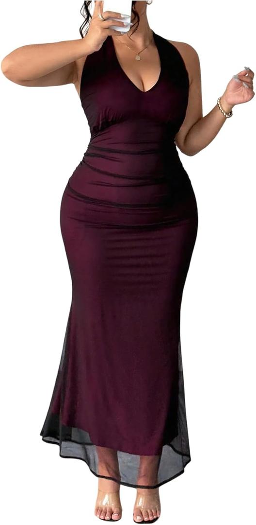 Women's Plus Size Ruffle Halter Dress V Neck Fishtail Bodycon Party Long Mesh Dresses (XX-Large Plus, Purple)