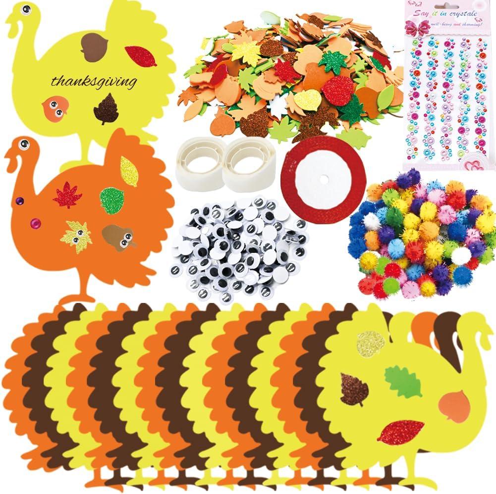 UMEELR 600 PCS Turkey Foam Stickers, Fall Self Adhesive Glitter Maple Leaf Stickers with Scarlet Ribbon, Thanksgiving DIY Crafts Party Decorations Christmas Stocking Gifts Valentine's Day Exchange