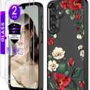 for Samsung Galaxy A16 5G Case+Tempered Glass Screen Protector,Military Grade Protective Slim Soft TPU + Hard PC,Girls Women Crystal Clear Flower Pattern Case Cover for Galaxy A16 5G-Black
