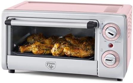 GreenLife Countertop Toaster Oven Air Fryer Stainless Steel, Healthy Ceramic Nonstick, PFAS and PFOA-Free, Tray & Basket, Bake, Broil, Reheat, Adjustable Temp & Time Control, Auto Shutoff, Pink
