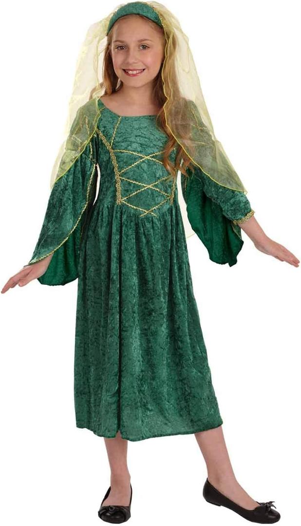 fun shack Green Girls Renaissance Costume, Medieval Princess Outfit for Kids, Historical Dress Up for Girls (Medium)