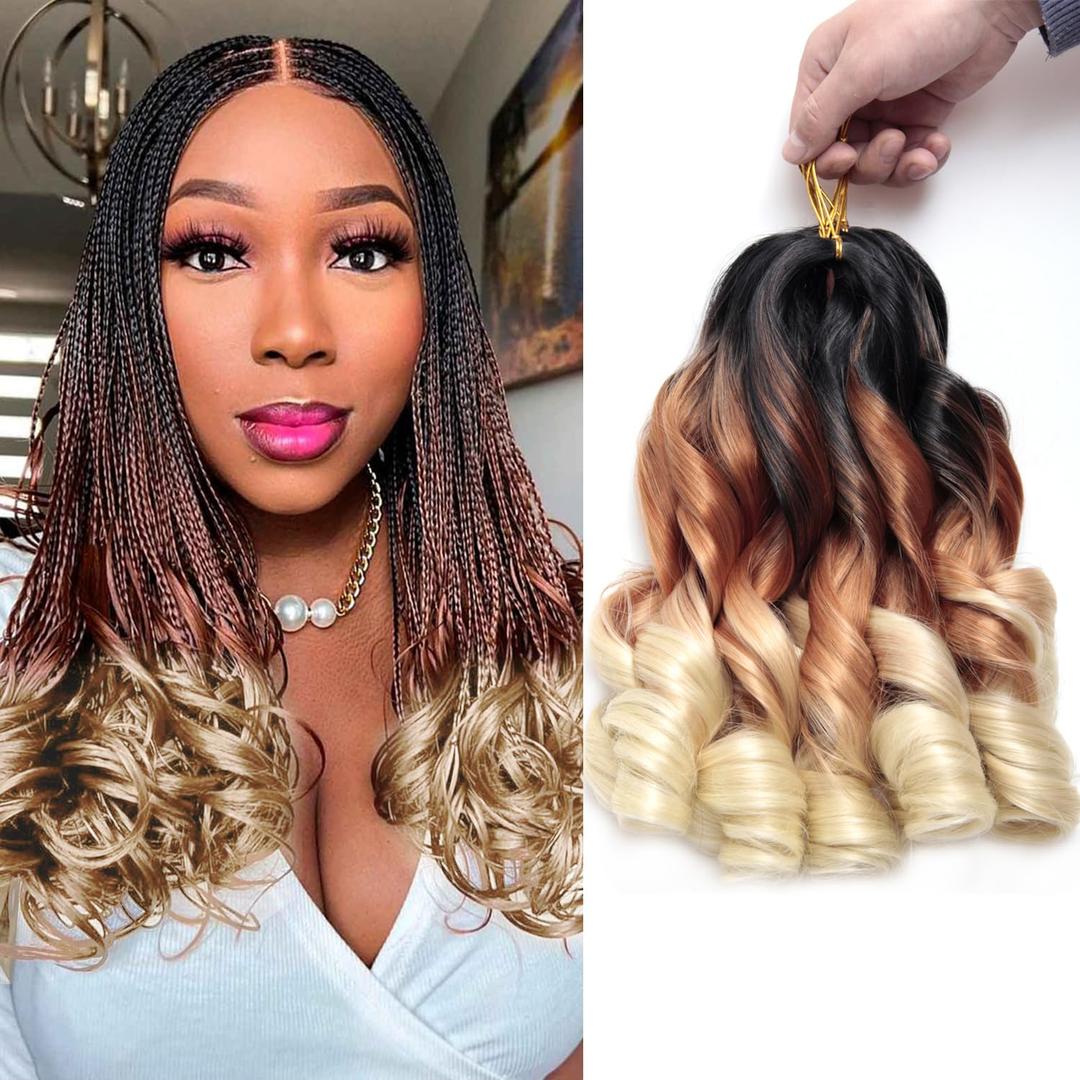 French Curl Braiding Hair 12Inch 8Packs French Curl Crochet Braids Short Curly Crochet Hair Bouncy Synthetic knotless Braiding Extensions(1B/30/613, 12inch)