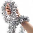Tinsel Garland, Silver Holiday Metalic Decorations for Birthday, Wedding, Festivities, Halloween, Christmas, Xmas Sparkly Garlands for All-Season Indoor Outdoor Home Party Decor