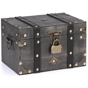 ELLDOO Wooden Treasure Chest with Lock, Vintage Pirate Chest Keepsakes Box for Kids Gifts, Handmade Treasure Storage Decorative Box for Jewelry Coins Collectibles, Medium