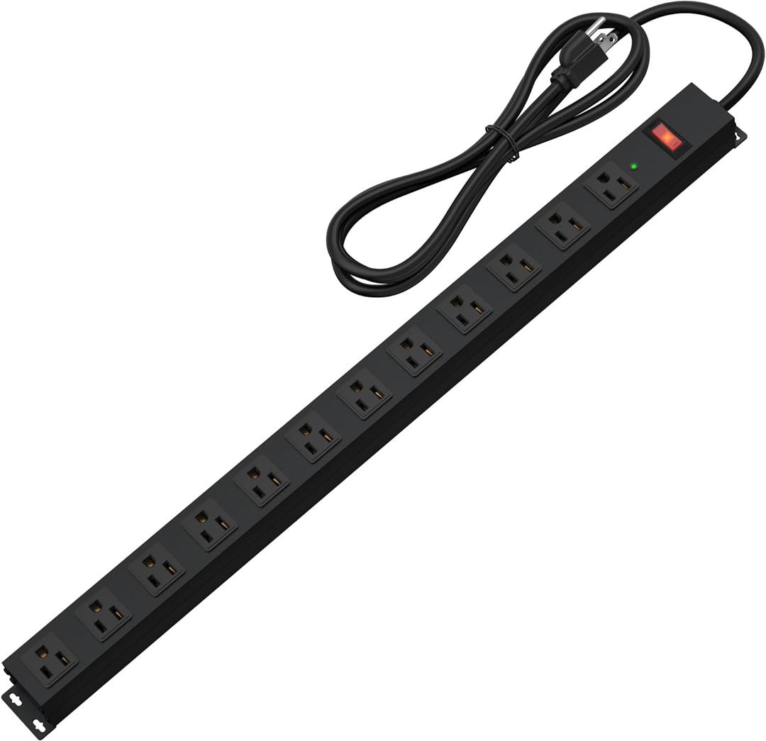 12 Outlet Long Power Strip Surge Protector with 2100 Joules, 6FT Power Cord, Wide Spaced Outlet Power Bar, Overload Protection Switch, Industrial Heavy Duty for Work Bench, Shop, Garage (Black)