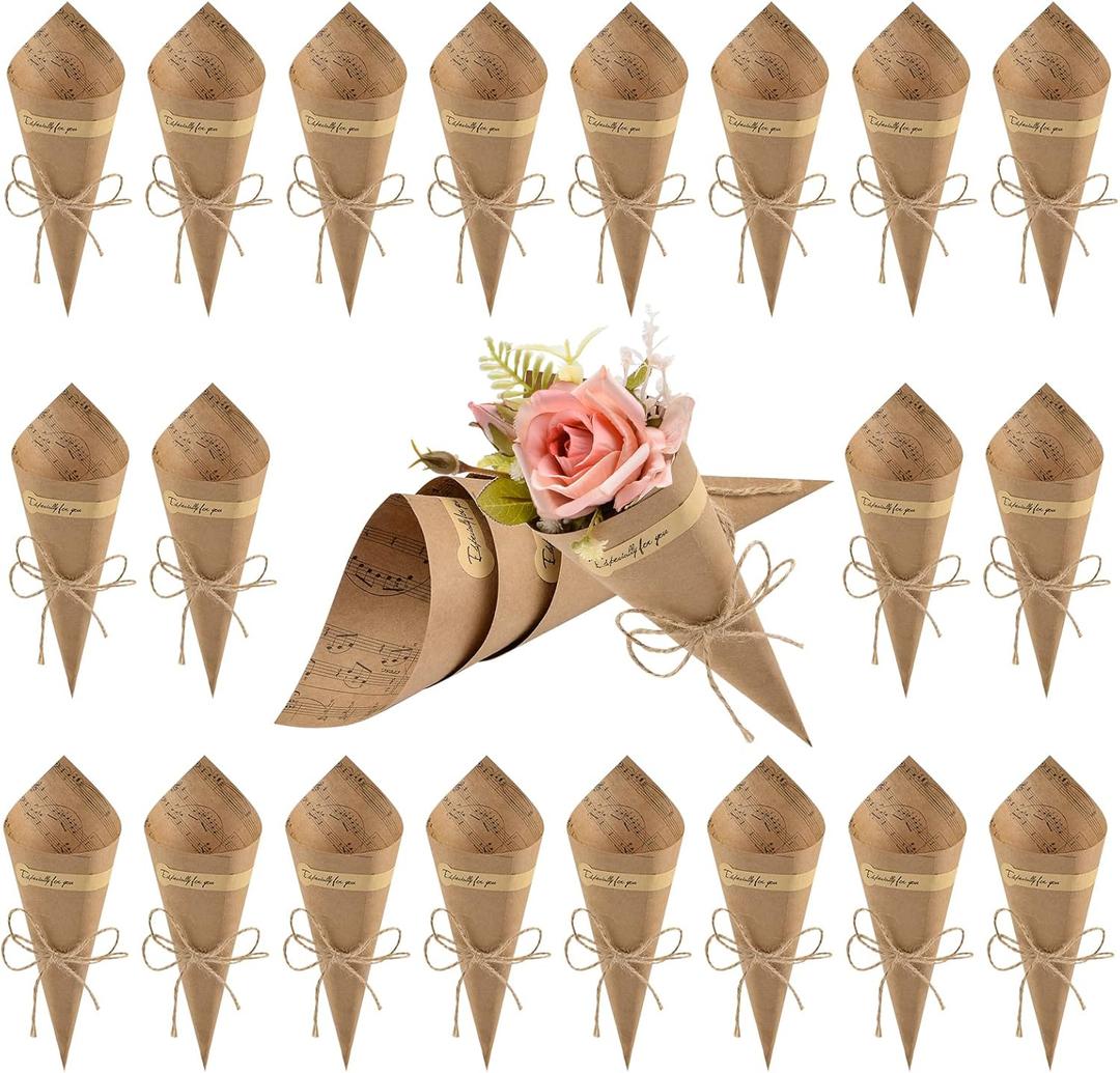 WANDIC Wedding Confetti Kraft Paper Cones, 50 Pcs Party Vintage Cones Bouquet Petals Candy Bags Boxes Flower Holder With Hemp Ropes Label Stickers Tape (Brown)