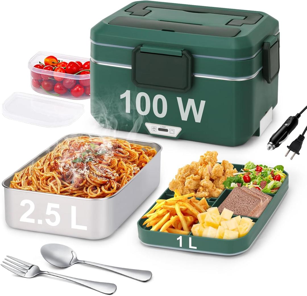 Electric Lunch Box For Adults, 100W 3.5L 2-Layer Portable Food Warmer For Men, Dual Mode 2.5L + 1L Large Heated Lunch Box For Car/Truck/Work, Lonchera Elctrica Porttil Para Calentar Almuerzo (Military Green)