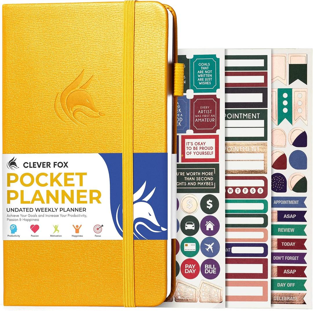 Clever Fox Pocket Planner Weekly  Undated Monthly Goal Planner and Calendar, Mini Planner Perfect for Purse, 3.7x6.7" (Amber Yellow)