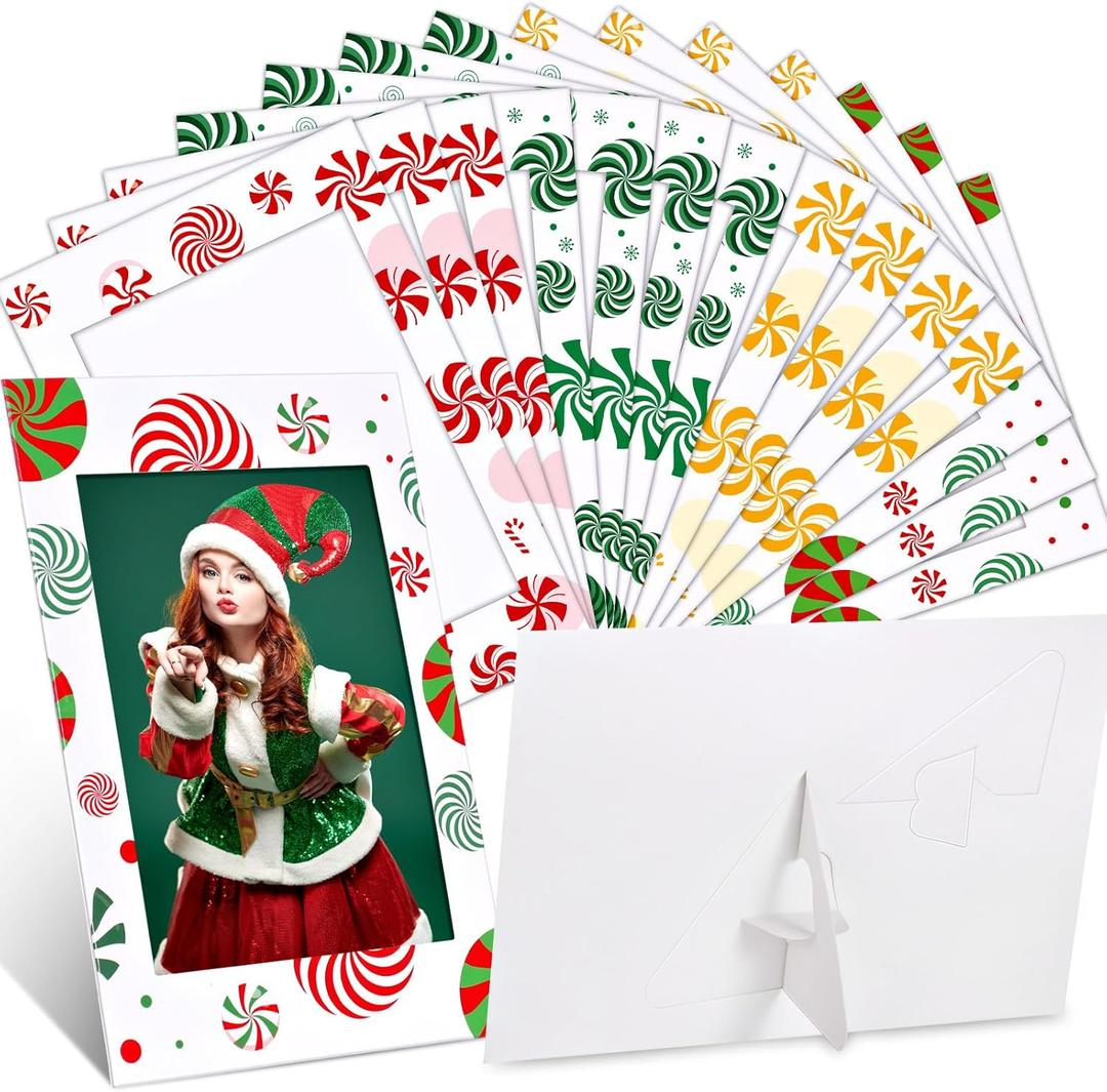Leinuosen 120 Pcs Christmas Picture Frame Ornaments Bulk 5 x 7 Inch Xmas Photo Frames Holiday DIY Cardboard Frames with Stands Photo Crafts Frame for Xmas Presents Desktop Use (Candy Theme)
