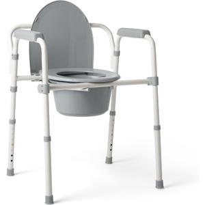 Medline 3-in-1 Steel Bedside Commode, Standard Seat, Sturdy Folding Frame, 7.5 QT. Bucket, 350 lb. Weight Capacity, Clip-on Seat, Easy Cleaning, Tool-Free Assembly, Gray