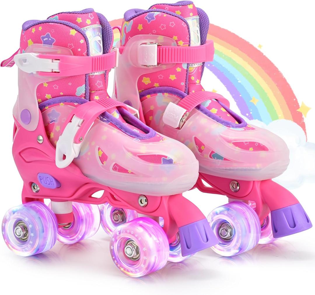 SULIFEEL Roller Skates for Girls Boys Kids Ages 3-10 with Light Up Wheels, Adjustable 4 Sizes for Kids Toddler Beginner Rollerskates (Medium - Big Kid, Unicorn Rose)