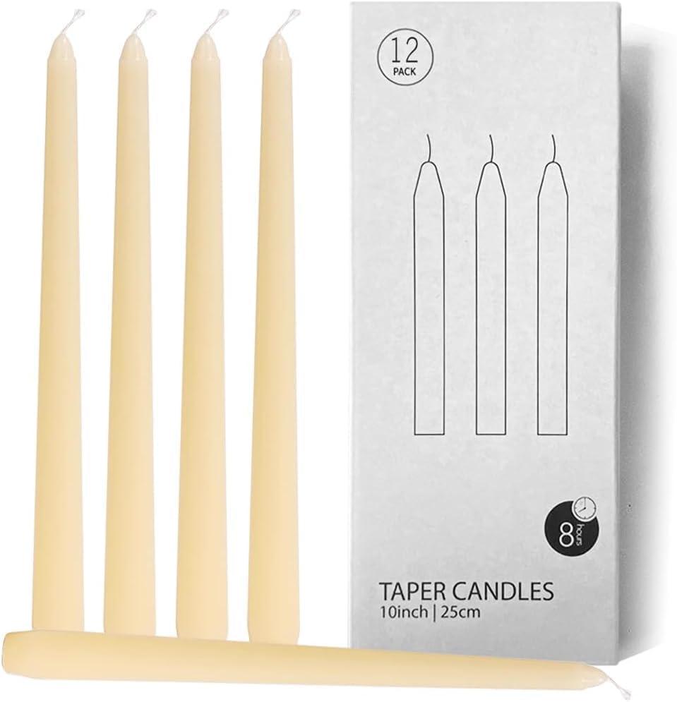 12 Pack Ivory Taper Candles, 10 inch Unscented Dripless Candlesticks Valentine's Candles - 8 Hours Long Burning Candles for Home Decor, Wedding, Party