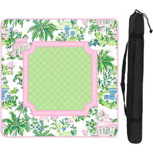 FYSUIMU Chinoiserie Coconut Tree Mahjong Mat with Carrying Bag 31.5" x 31.5" Pink Green Pavilion Floral Table Mat Noise Reduction Non-Slip Game Table Cover for Spring Summer Card Board Tile Games