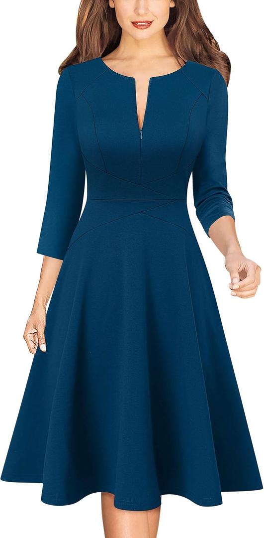 VFSHOW Women's Work Business Front Zipper A-Line Dresses 3/4 Sleeve Office Church Fit and Flare Skater Swing Knee Length Dress, XXL