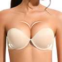 Strapless Push Up Bra with Clear Straps for Women, Thick Padded Underwire Convertible Bras Add One Cup (42B, Nude)