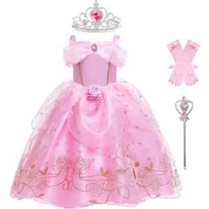 Princess Aurora Costume for Girls Birthday Party Dress Halloween Cosplay Outfit with Accessories for 3T-12 (4T-5T)